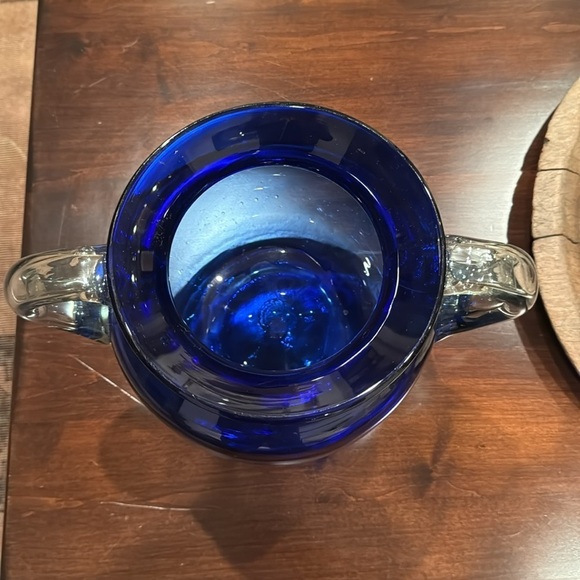Large Hand Blown Round Cobalt Blue Glass Vase with Clear Handles Beautiful! - Picture 5 of 8